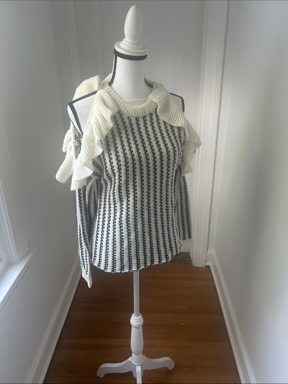 Moon River Ivory and Black Cold-Shoulder Ruffle Sweater